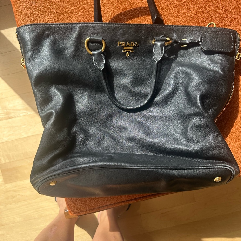 Prada Black Leather Tote Bag with Gold Accents